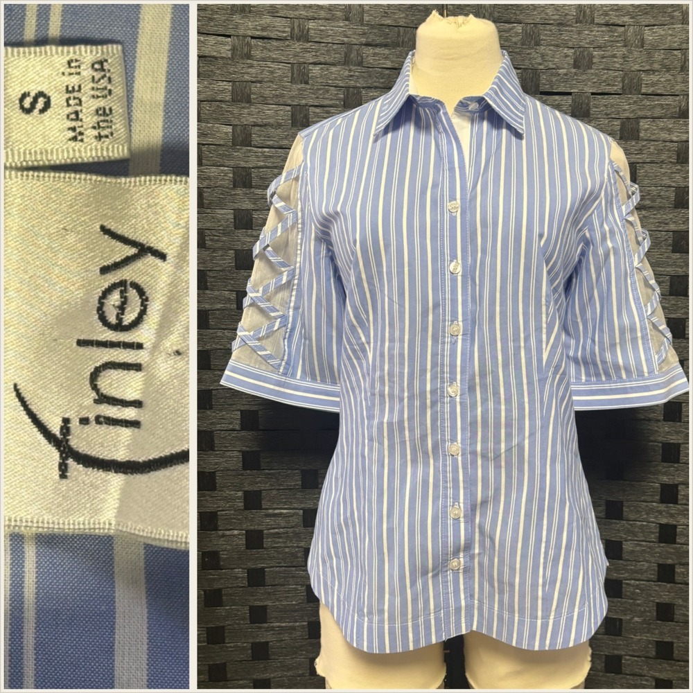 Finley Top Small Blue and White stripes Button Up Blouse Criss Cross Sleeve